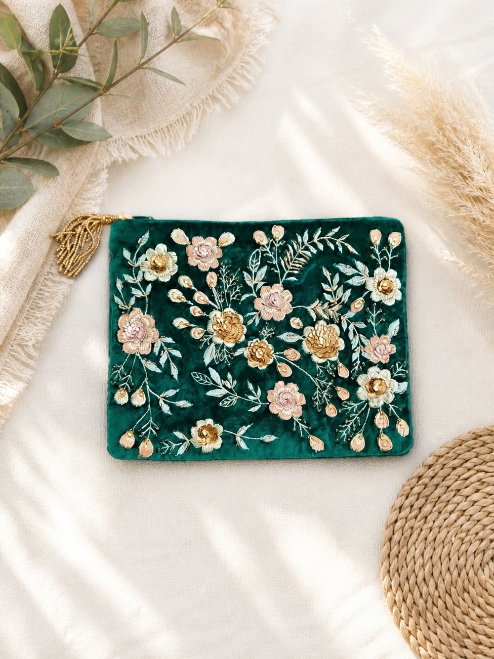 Velvet Floral Embroidered Clutch in Deep Green with Gold Tassel